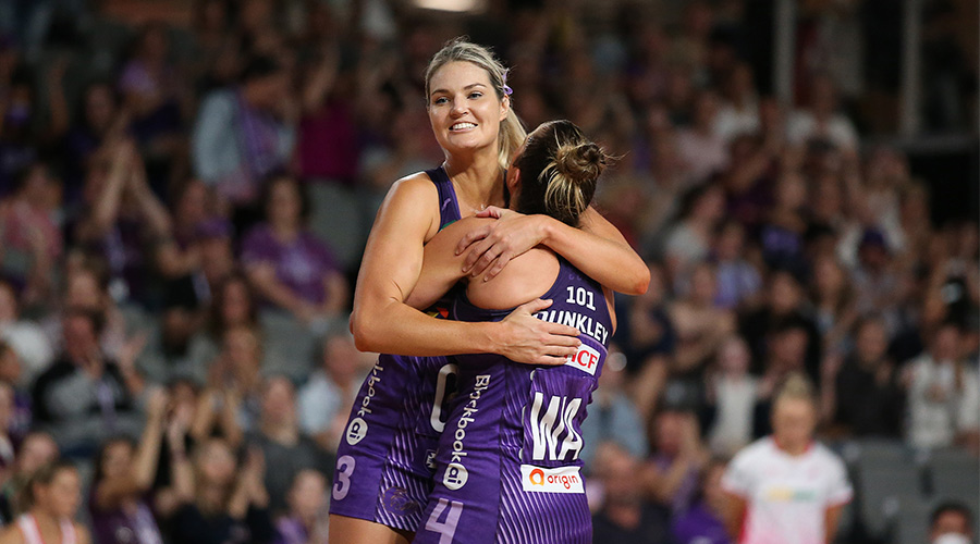 Gretel Bueta of the Firebirds celebrates winning the Super Netball Round 5 match between the Queensland Firebirds and the Adelaide Thunderbirds at Nissan Arena in Brisbane, Sunday, April 17, 2022.