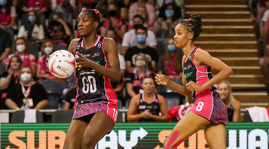 Latanya Wilson and Shamera Sterling of the Thunderbirds during the round 1 Super Netball match between the Adelaide Thunderbirds and Collingwood Magpies at Netball SA Stadium in Adelaide, Saturday, March 26, 2022. 