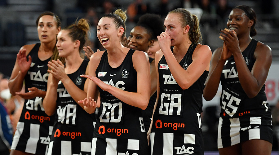 Jacqui Newton of the Magpies celebrates during the Round 4 Super Netball match between the Collingwood Magpies and Sunshine Coast Lightning at John Cain Arena in Melbourne, Wednesday, April 13, 2022.