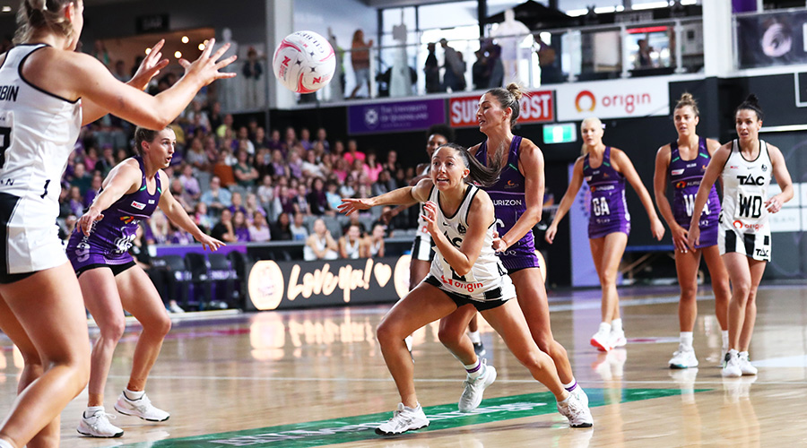 Molly Jovic of the Magpies in action during the Super Netball Round 6 match between the Queensland Firebirds and the Collingwood Magpies at Nissan Arena in Brisbane, Sunday , April 24, 2022. 