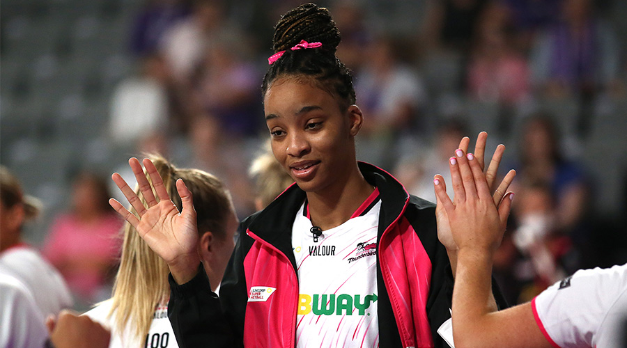 Shamera Sterling of the Thunderbirds warms up with her team during the Super Netball Round 5 match between the Queensland Firebirds and the Adelaide Thunderbirds at Nissan Arena in Brisbane, Sunday, April 17, 2022. 