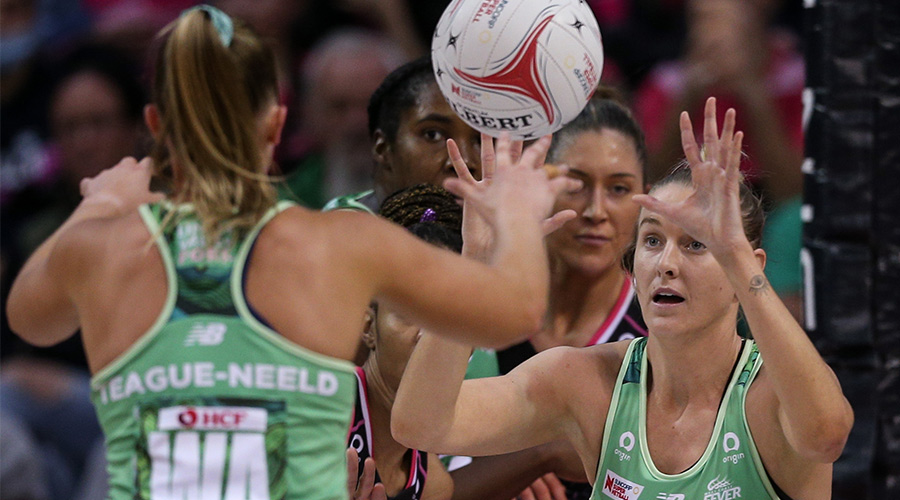 Sasha Glasgow of the Fever during the Super Netball Round 7 match between the Adelaide Thunderbirds and the West Coast Fever at Netball SA Stadium in Adelaide, Saturday, April 30, 2022.