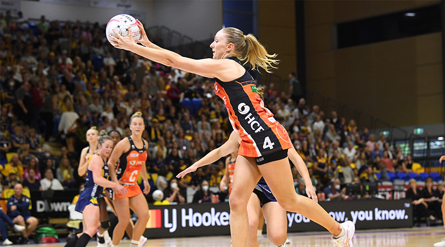 Maddie Hay (centre) of the Giants in action during the Super Netball Round 7 match between the Sunshine Coast Lightning and Giants Netball at USC Stadium on the Sunshine Coast, Sunday, May 1, 2022. 