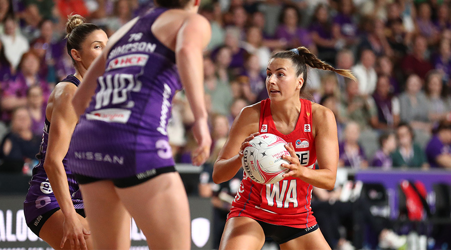 Maddy Proud of the Swifts in action during the Super Netball Round 7 match between the Queensland Firebirds and the NSW Swifts at Nissan Arena in Brisbane, Saturday, April 30, 2022.