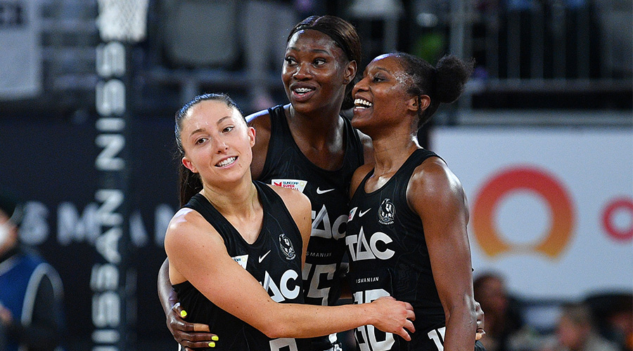 (L-R) Molly Jovic, Shimona Nelson and Jodi-Ann Ward of Collingwood react after defeating the Swifts at the conclusion of the Super Netball Round 12 match between the Collingwood Magpies and the NSW Swifts at John Cain Arena in Melbourne, Saturday, May 28, 2022.