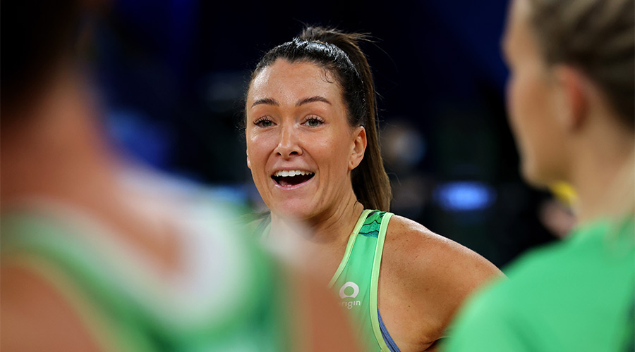 Verity Simmons of the Fever celebrate after winning the Super Netball Round 11 match between the West Coast Fever and GIANTS Netball at RAC Arena in Perth, Sunday, May 22, 2022. 