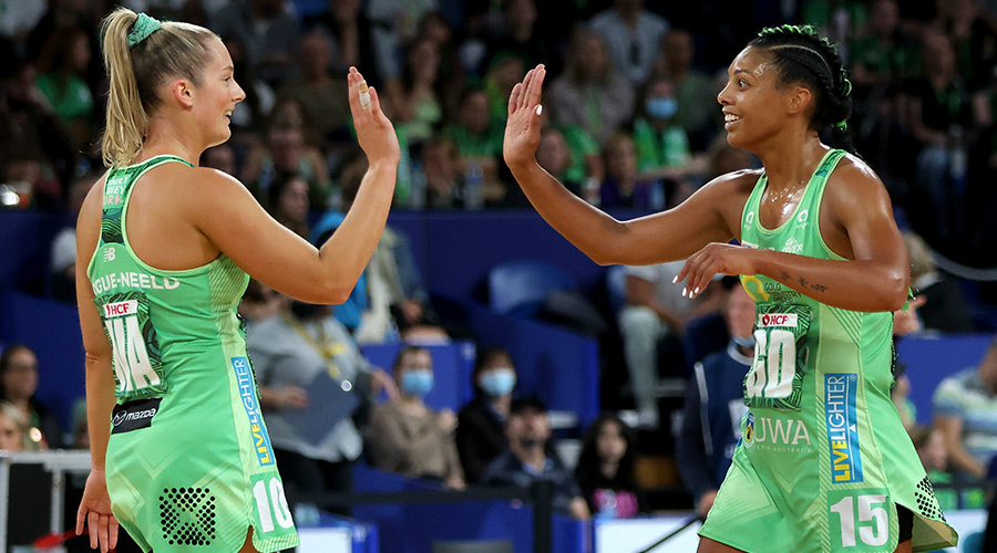 Alice Teague-Neeld and Stacey Francis-Bayman of the Fever during the Super Netball Round 11 match between the West Coast Fever and GIANTS Netball at RAC Arena in Perth, Sunday, May 22, 2022.