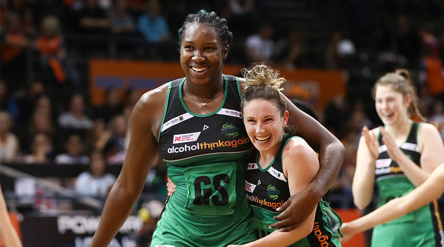Jhaniele Fowler and Ingrid Colyer of the Fever celebrate at full time during the Super Netball Major Semi Final match between Giants Netball and the West Coast Fever at QuayCentre in Sydney, Saturday, August 11, 2018.