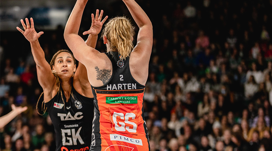 Geva Mentor of Magpies Defends against Jo Harten of Giants during the Super Netball Round 10 match between the Collingwood Magpies and Giants Netball at the Silverdome in Launceston, Wednesday, May 18, 2022.