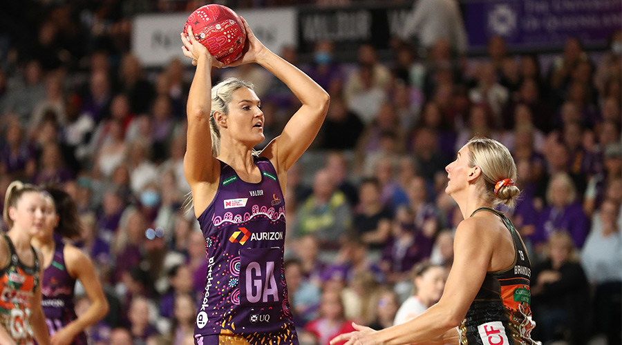 Gretel Bueta of the Firebirds in action during the Super Netball Round 12 match between the Queensland Firebirds and the GIANTS Netball at Nissan Aren in Brisbane, Saturday, June 4, 2022.