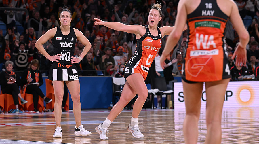 Jamie-Lee Price of the Giants celebrates their win over the Magpies during the Super Netball Minor Semi Final match between the GIANTS Netball and the Collingwood Magpies at Ken Rosewall Arena in Sydney, Sunday, June 19, 2022.