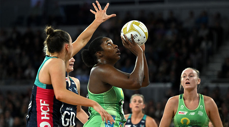 Jhaniele Fowler of the Fever during the Super Netball Major Semi Final match between the Melbourne Vixens and the West Coast Fever at John Cain Arena in Melbourne, Saturday, June 18, 2022.