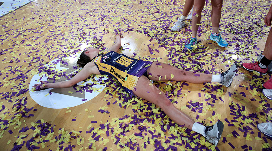 Kelsey Browne of the Lightning celebrates after winning the Super Netball Grand Final between the West Coast Fever and the Sunshine Coast Lightning at Perth Arena in Perth, Sunday, August 26, 2018. 