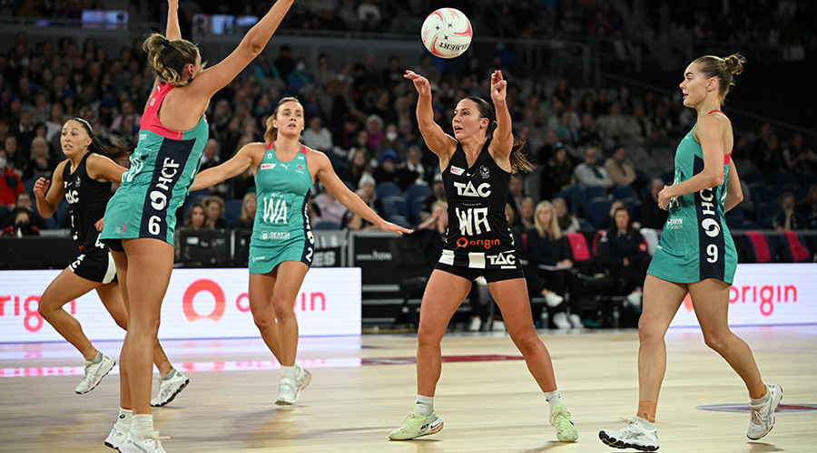 Kelsey Browne of the Magpies during the Super Netball Round 14 match between the Collingwood Magpies and the Melbourne Vixens at John Cain Arena in Melbourne, Monday, June 13, 2022.