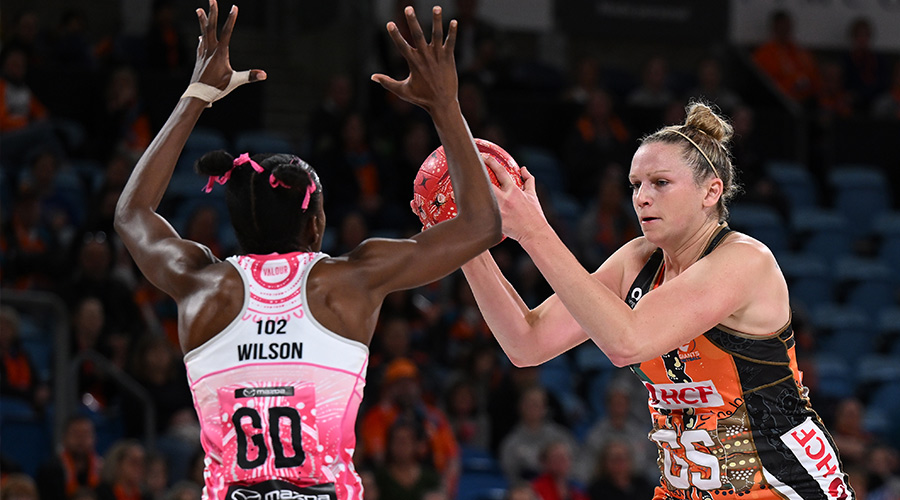 Jo Harten of the Giants and Latanya Wilson the Thunderbirds during the Super Netball Indigenous Round 12 match between Giants Netball and the Adelaide Thunderbirds at Ken Rosewall Arena in Sydney, Sunday, May 29, 2022.