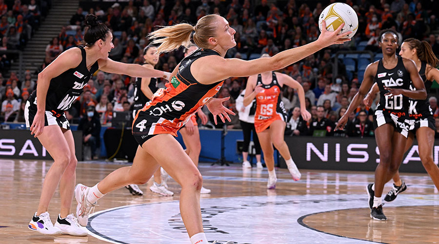 Maddie Hay of the Giants during the Super Netball minor semi-final match between GIANTS Netball and the Collingwood Magpies at Ken Rosewall Arena in Sydney, Sunday, June 19, 2022 