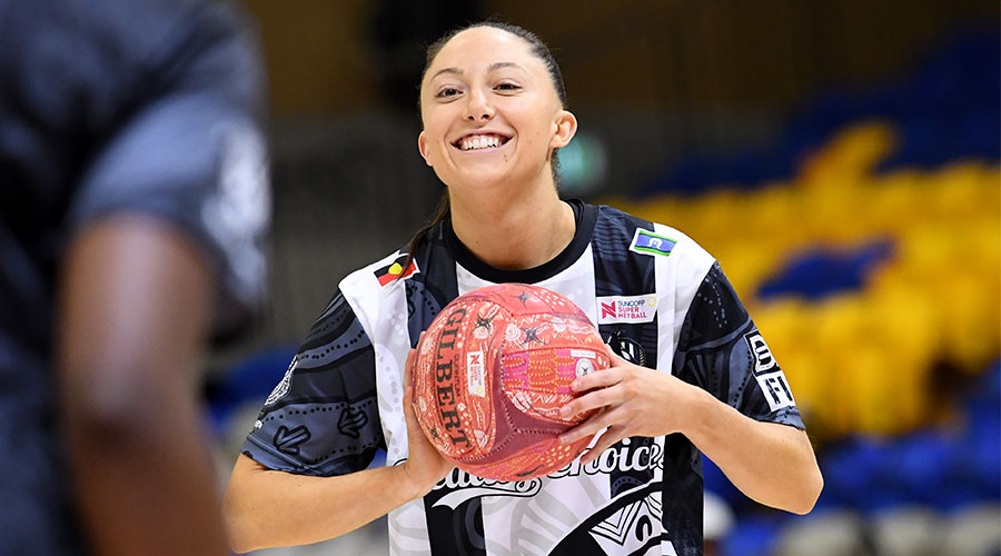 Molly Jovic of the Magpies is seen warming up before the Super Netball Round 13 match between the Sunshine Coast Lightning and the Collingwood Magpies at USC Stadium on the Sunshine Coast, Sunday, June 5, 2022.