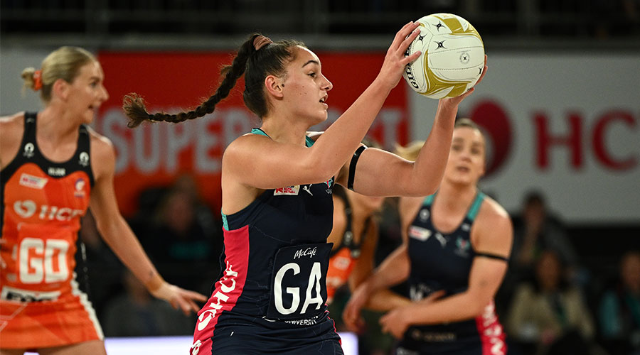 Rain Samson of the Vixens during the Super Netball Preliminary Final match between the Melbourne Vixens and GIANTS Netball at John Cain Arena in Melbourne, Saturday, June 25, 2022.