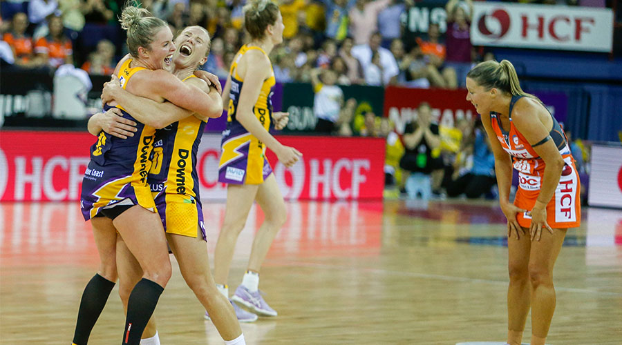 Laura Scherian and Laura Langman of the Lightning celebrates their teams win in Suncorp Super Netball Grand Final between the Sunshine Coast Lightning and the Giants Netball at the Brisbane Entertainment Centre, Saturday, June 17, 2017.