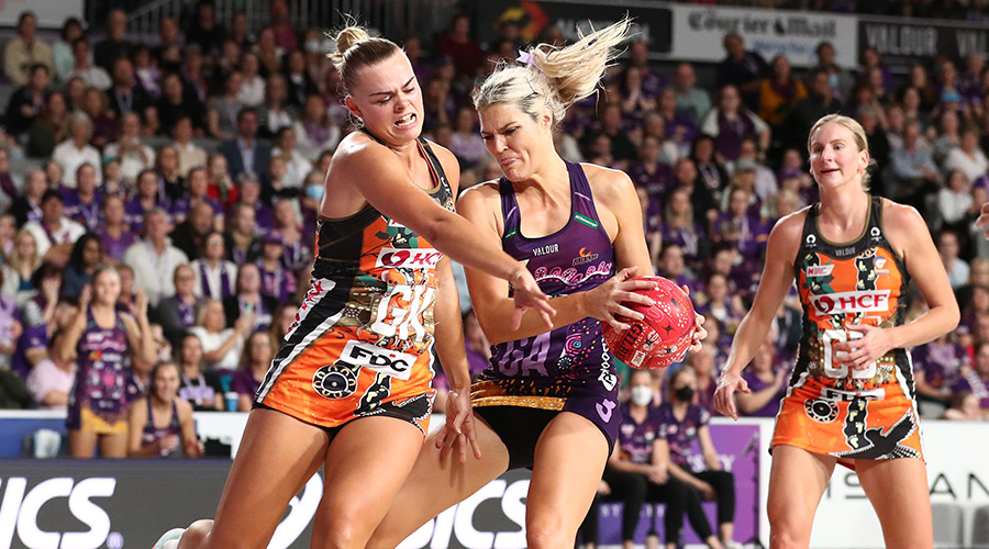 Gretel Bueta of the Firebirds in action during the Super Netball Round 12 match between the Queensland Firebirds and the GIANTS Netball at Nissan Aren in Brisbane, Saturday, June 4, 2022. 