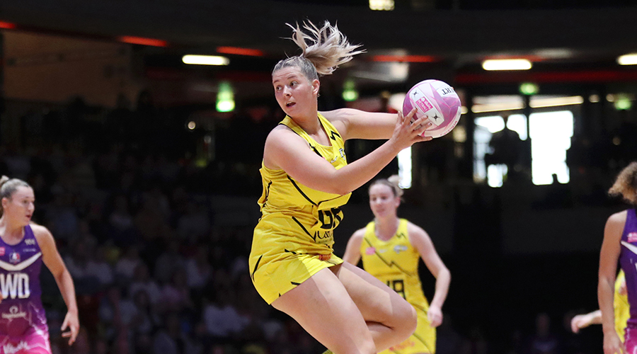 Eleanor Cardwell of Manchester Thunder in action during the Final of the Vitality Netball Superleague between Manchester Thunder and Loughborough Lightning at Copper Box Arena on June 05, 2022 in London, England.
