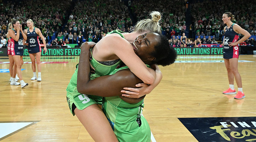 The Fever celebrate their win over the Vixens during the Super Netball Grand Final match between the West Coast Fever and the Melbourne Vixens at RAC Arena in Perth, Sunday, July 3, 2022. 
