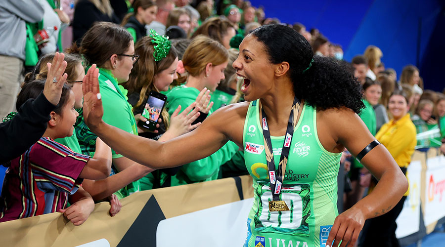 Stacey Francis-Bayman of the fever high fives the fans after their win during the Super Netball Grand Final match between West Coast Fever and Melbourne Vixens at RAC Arena, on July 03, 2022, in Perth, Australia