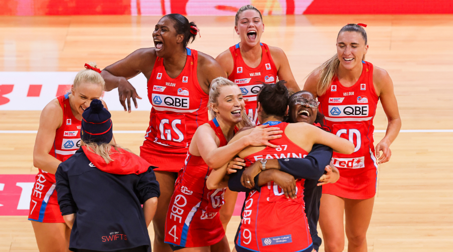 The NSW Swifts celebrate their thrilling preliminary final win over the West Coast Fever